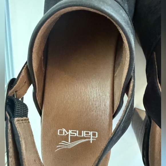 Dansko Delle Suede Slingback Black Platform Clogs w/Wooden Heel, Black, Sz 36 - Picture 9 of 14